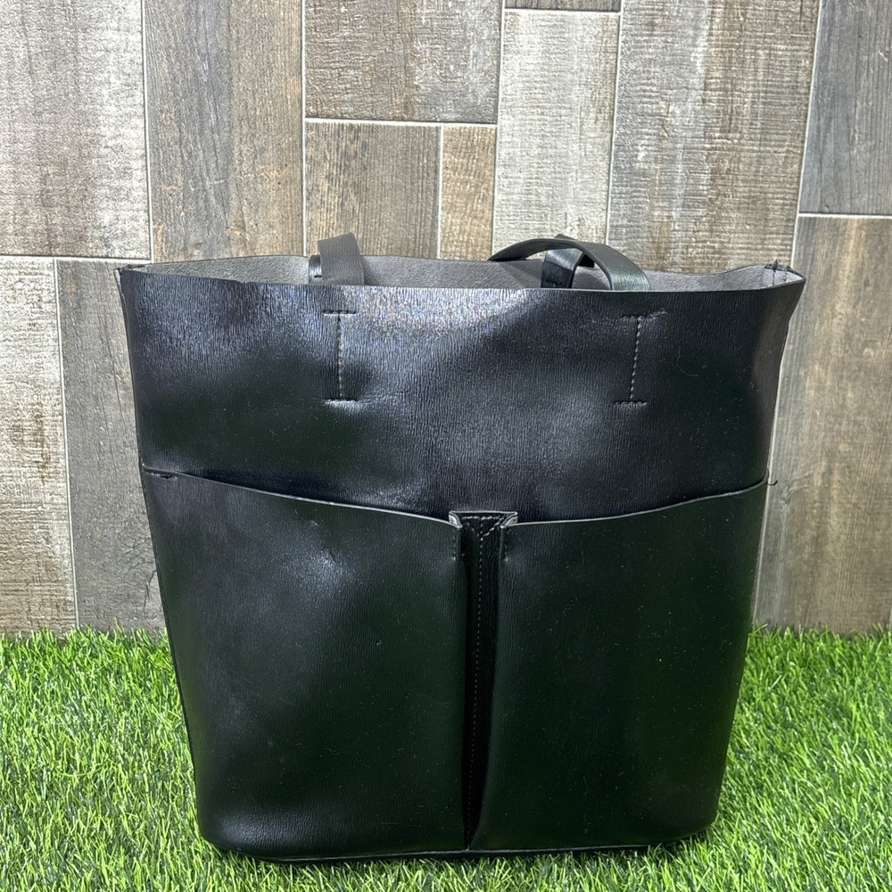 Neiman Marcus Large Black Tote Handbag Minimalist Faux Leather Modern Bag